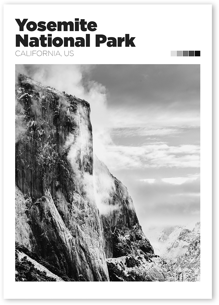 Yosemite National Park travel poster in B&W. The image shows the towering granite cliffs of El Capitan with clouds around.